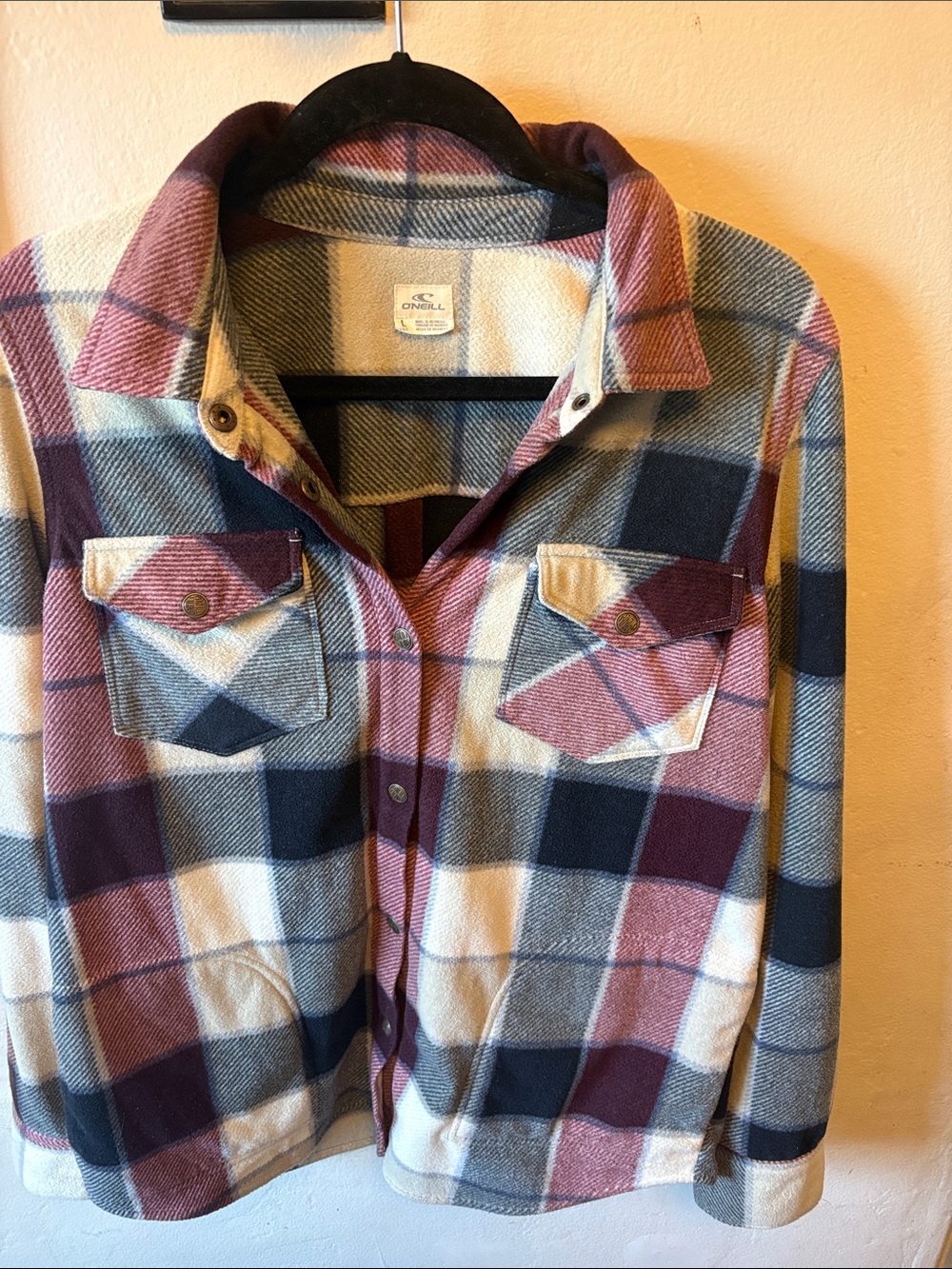 O'Neill Plaid Flannel Shacket in Pink, Navy & Cream Tones